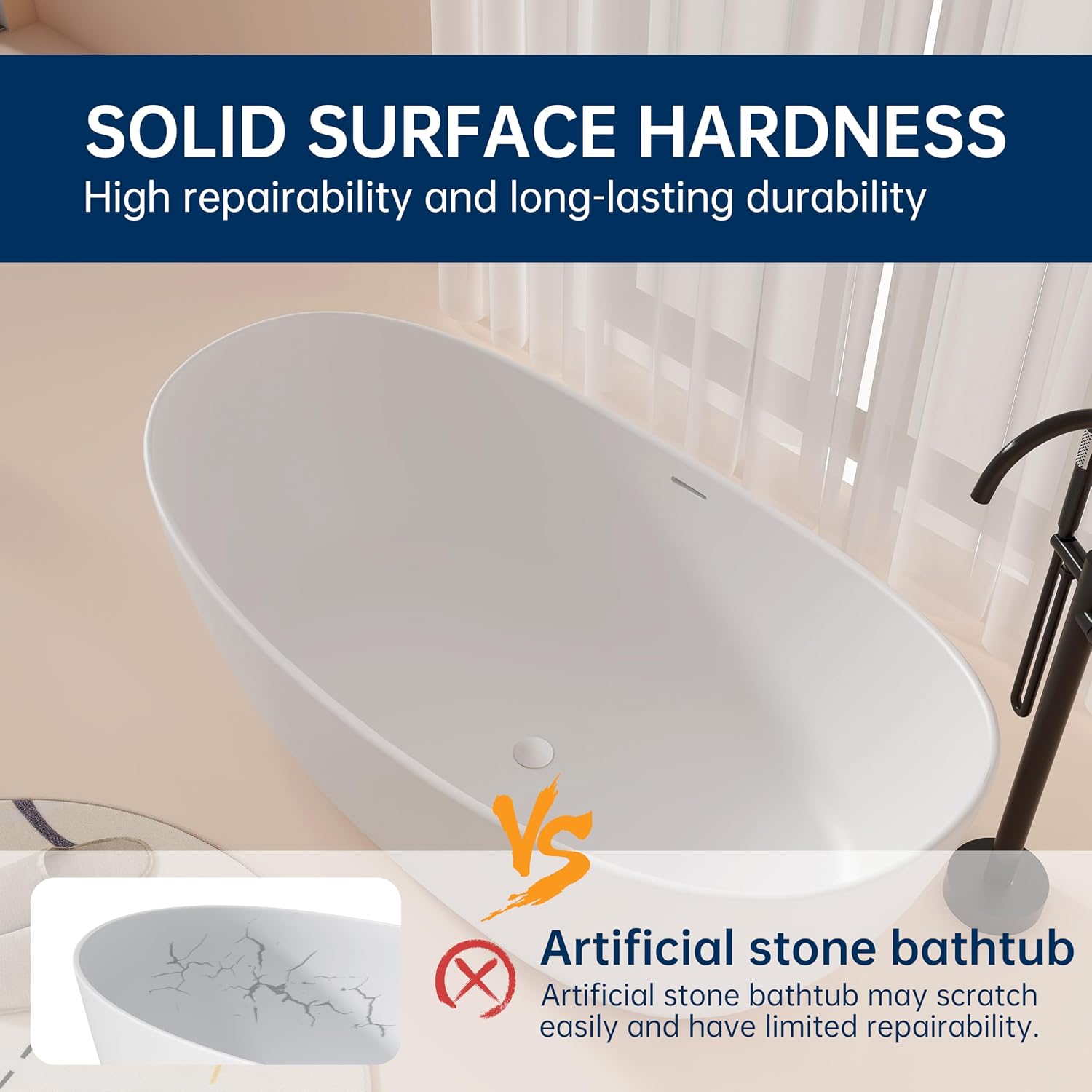 55'' High-back Stone Resin Freestanding Bathtub, Solid Surface Free Standing Tub, Contemporary Soaking Tub, Stand Alone Tub with Pop-up Drain and Overflow, Matte White (Oval)