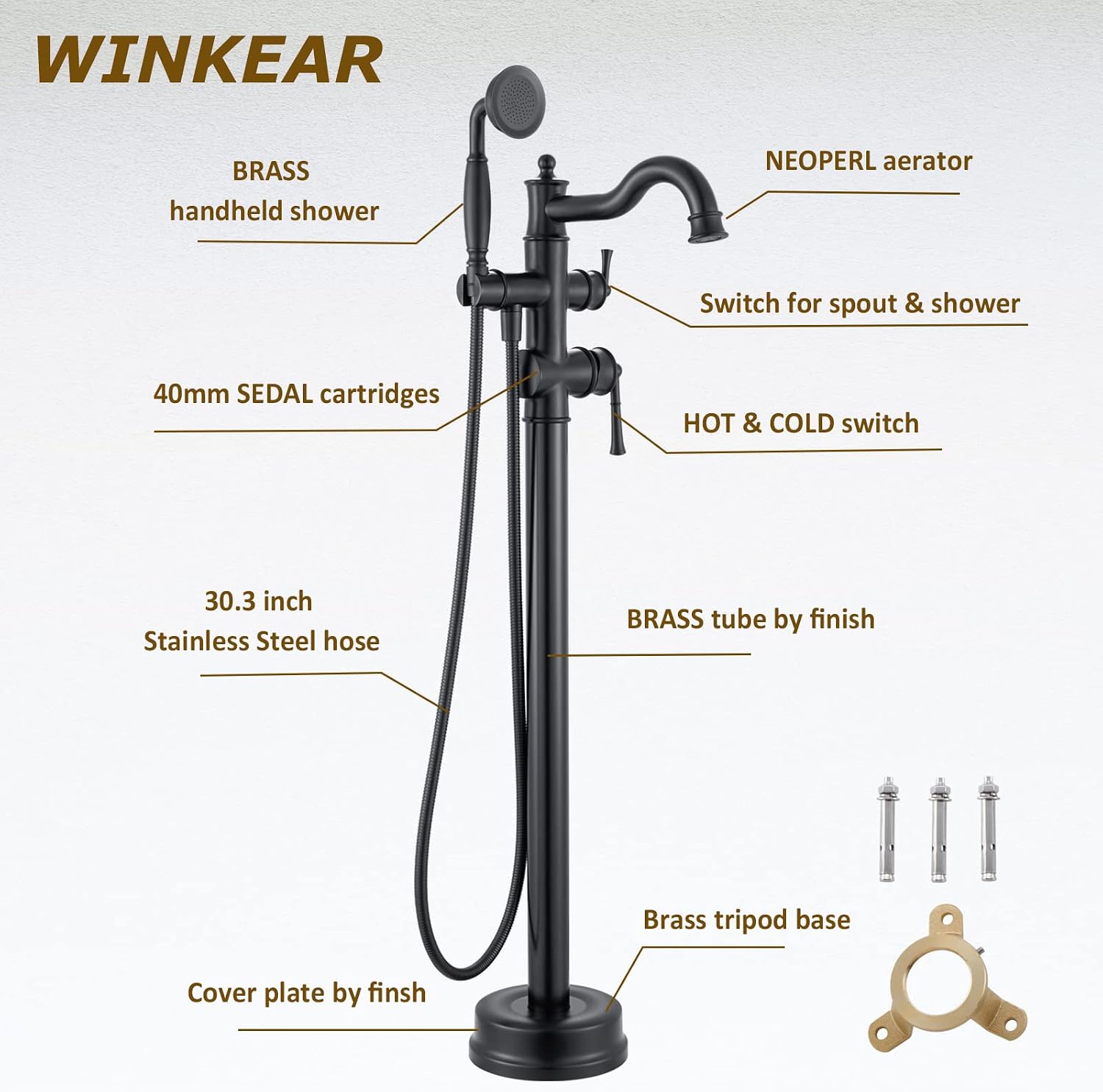 Roman Bathroom Faucet Set, Centerset Sink Faucet 2 Hole with Pop Up Drain, Free Standing Tub Faucet Filler with High Pressure Handheld Shower, Matte Black