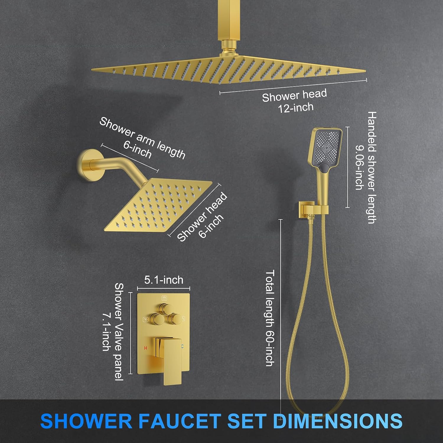 Shower Faucet Set, 12' Ceiling Mount Rainfall Shower System with 2 Rain Shower Head and Multi-function Handheld Head Push Button Diverter Shower Faucet Trim Kit (12', Brushed Gold)