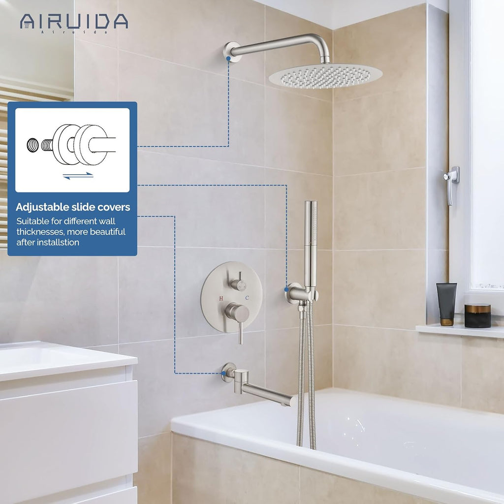 Airuida 3-Function Shower System with Tub Spout – Round Rainfall Shower Faucet Combo,Handheld Spray with 2 Functions,Includes Rough-In Valve with 360° Rotating Drain,10 Inch Shower Head,Brushed Nickel