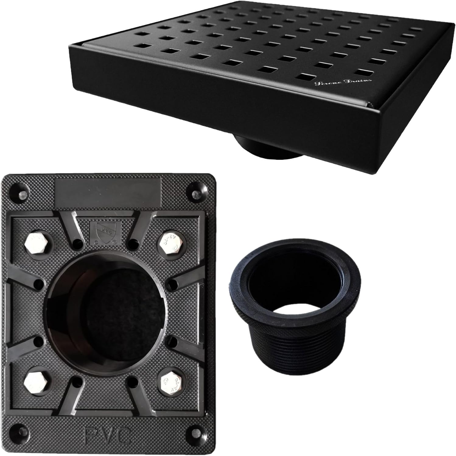 SereneDrains 304 Stainless Steel 6 Inch Square Matte Black Shower Drain Kit with Base Square Design for Tile Floor Drain Grate Cover Hair Catcher Trap Strainer Filter (Matte Black, Square PVC Plastic)