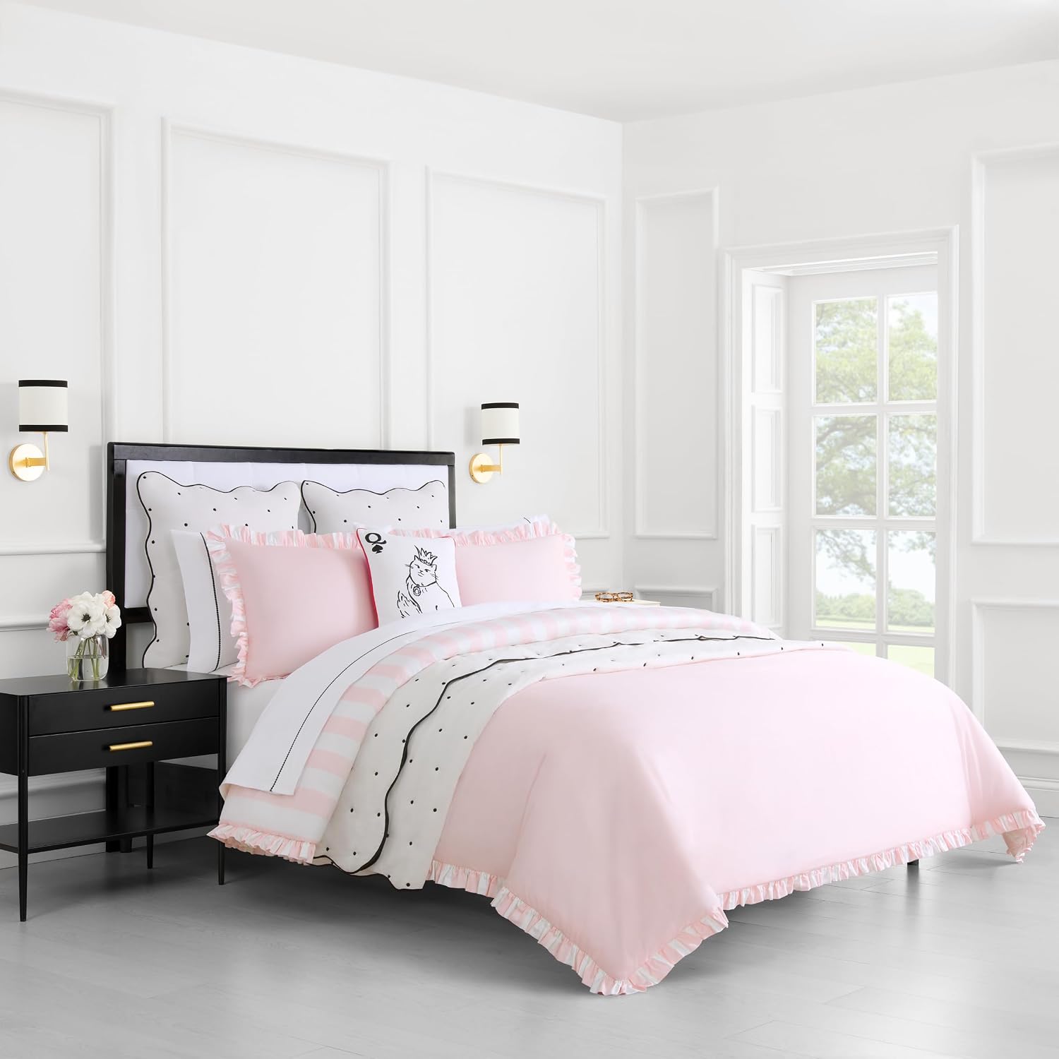 kate spade new york Sateen Ruffle King Comforter Set, 300 Thread Count Cotton Sateen Reversible Cover, All Season 3 Piece Bedding, Machine Washable, Pink