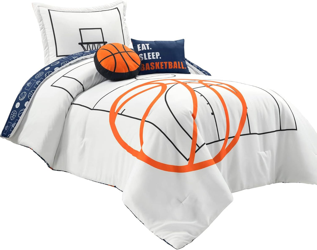 Lush Decor Basketball Game Reversible Comforter Twin Size 4 Piece Set, White & Navy - Kids Comforter Set - Basketball Comforters - Sports Decor