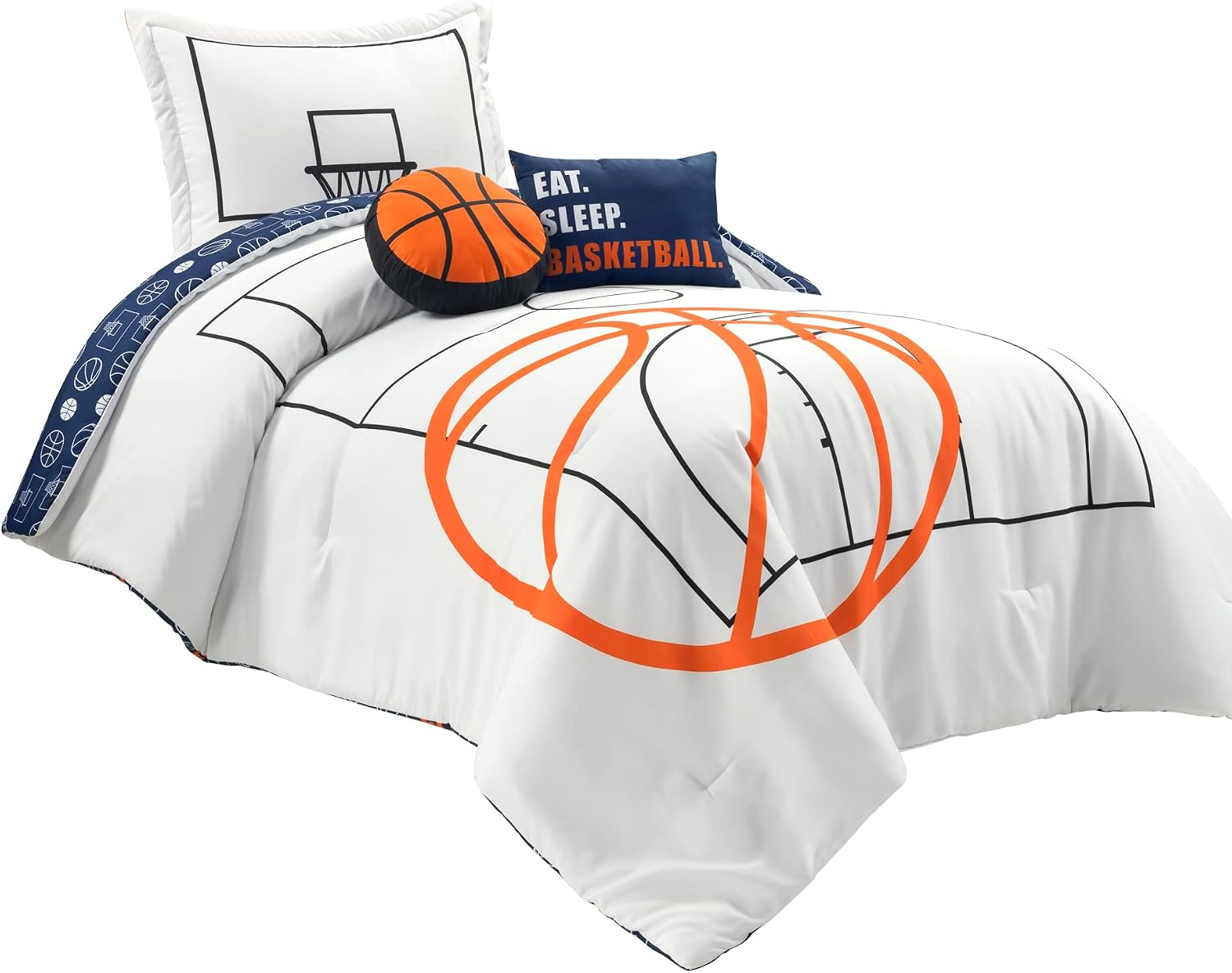 Lush Decor Basketball Game Reversible Comforter Twin Size 4 Piece Set, White & Navy - Kids Comforter Set - Basketball Comforters - Sports Decor