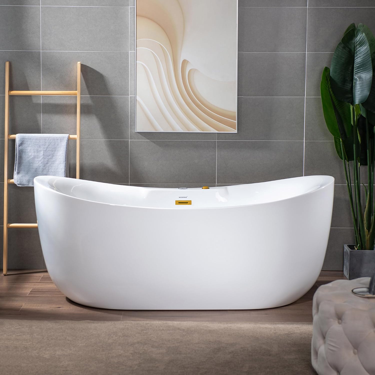 WOODBRIDGE 72' x 35-3/8' Whirlpool and Air Bath Heated Soaking Combination Tub with Adjustable Speed Air Blower and Display Control Panel, Brushed Gold Finish Trim and Drain Kit, BG400