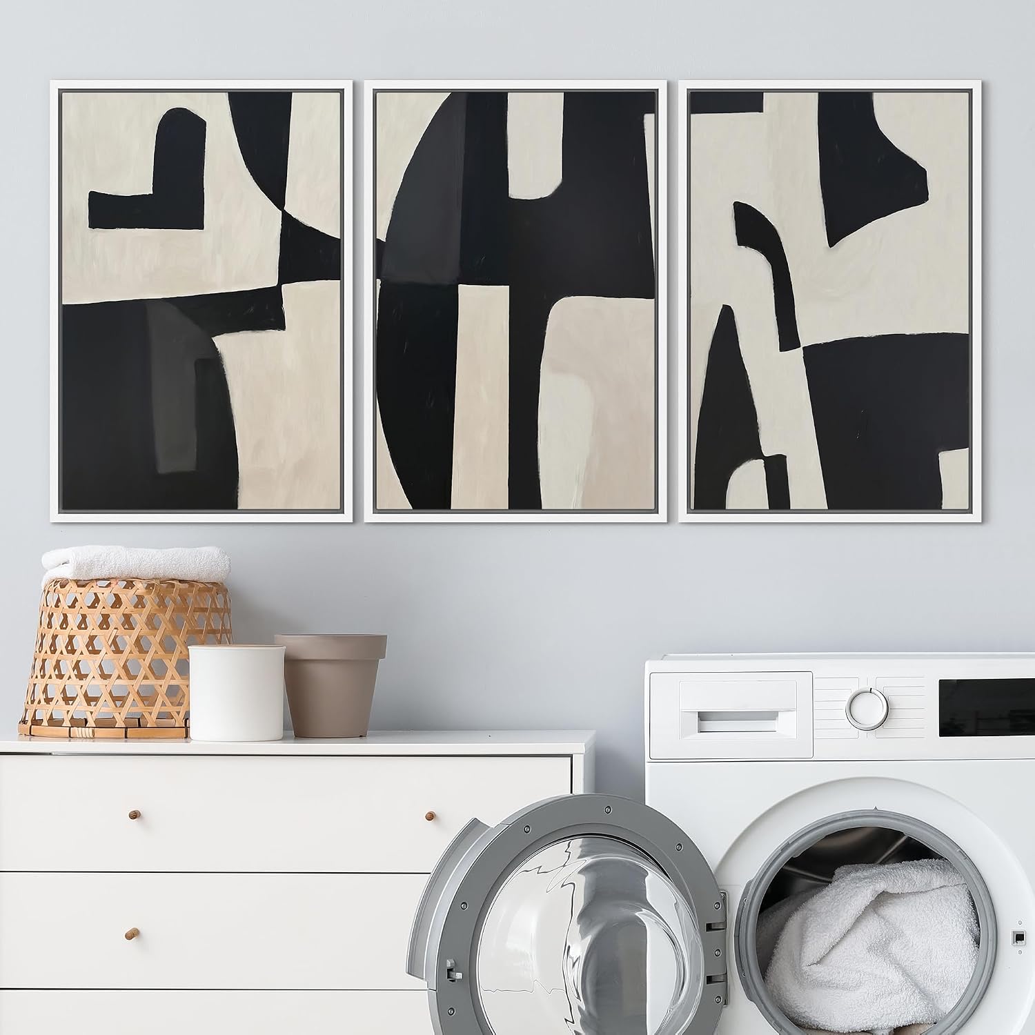 SIGNLEADER Framed Canvas Print Wall Art Set Black and Beige Abstract Shapes Modern Geometric Illustrations Boho Decorative for Living Room, Bedroom, Office - 24'x36'x3 White