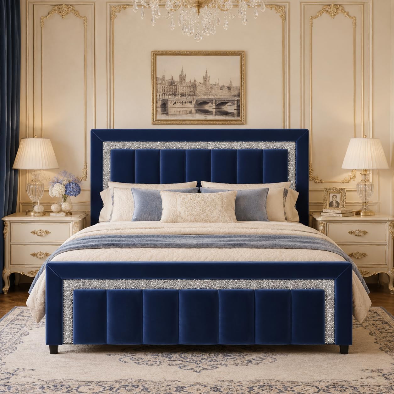 HOMBCK Queen Bed Frame with Headboard and Footboard and Footboard, Velvet Upholstered Platform Bed Frame with Diamond Design, No Box Spring Needed, Easy Assembly, Blue