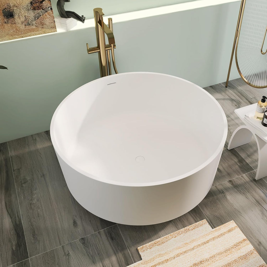 49' Premium Solid Surface Freestanding Bathtub, Upgraded Round Soaking Deep Stone Resin Tub with Overflow and Pop-up Drain, Matte White