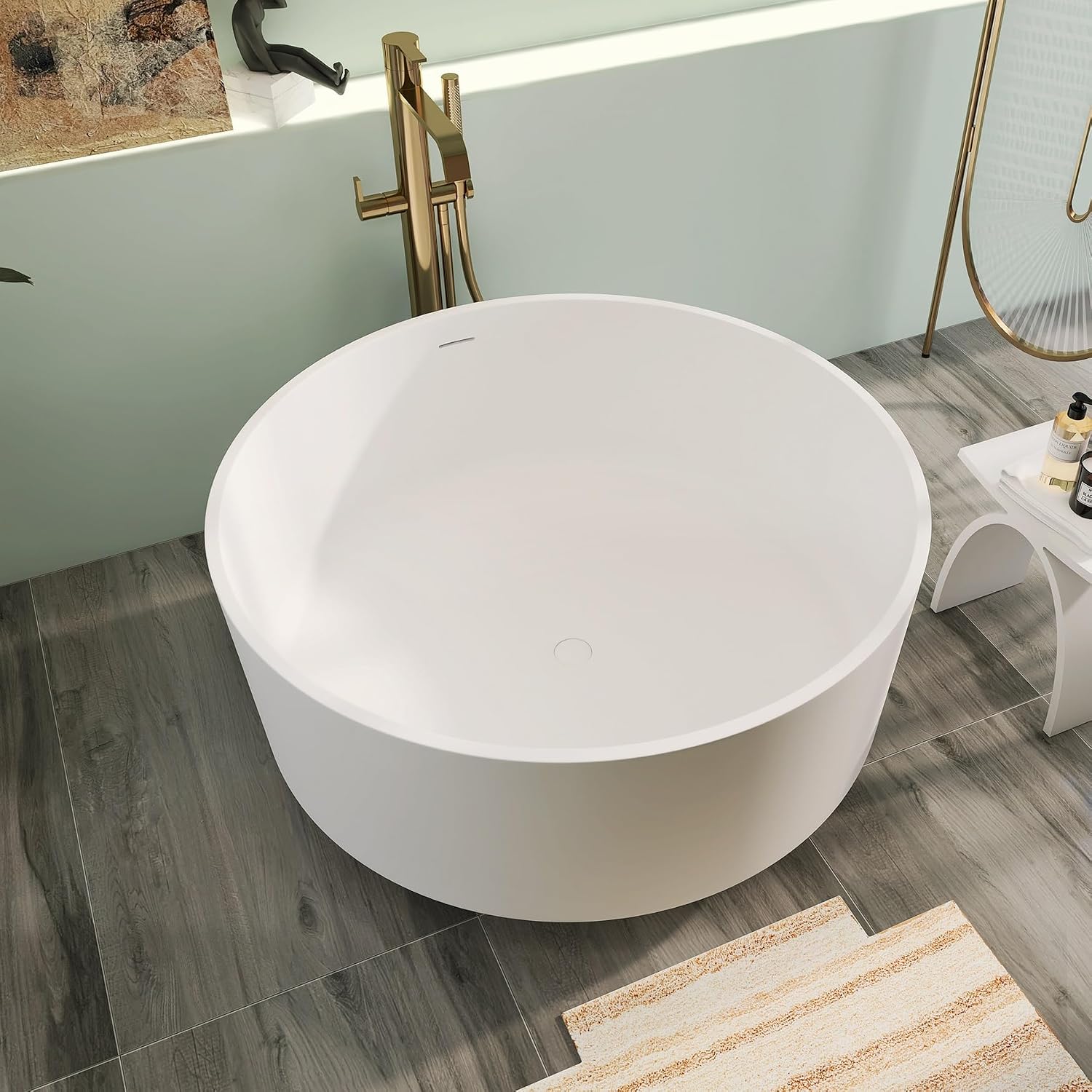 49' Premium Solid Surface Freestanding Bathtub, Upgraded Round Soaking Deep Stone Resin Tub with Overflow and Pop-up Drain, Matte White