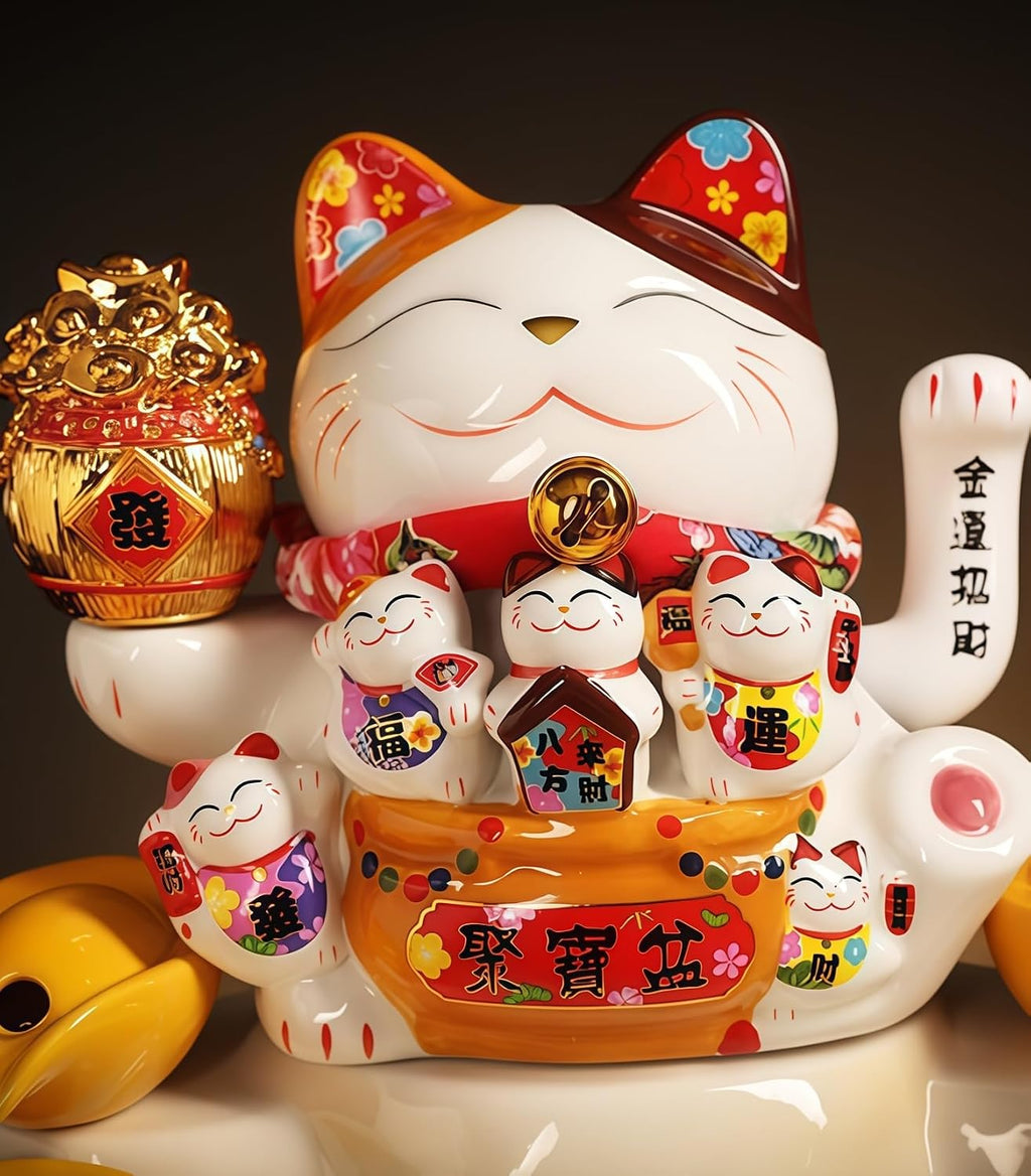 Fish Tank with Maneki Neko, Money Lucky Cat, Tabletop Water Fountain Indoor, Feng Shui Decor & Gifts for Home, Feng Shui Statue, Chinese New Year Decoration, Chinese Decor & Gifts (A)