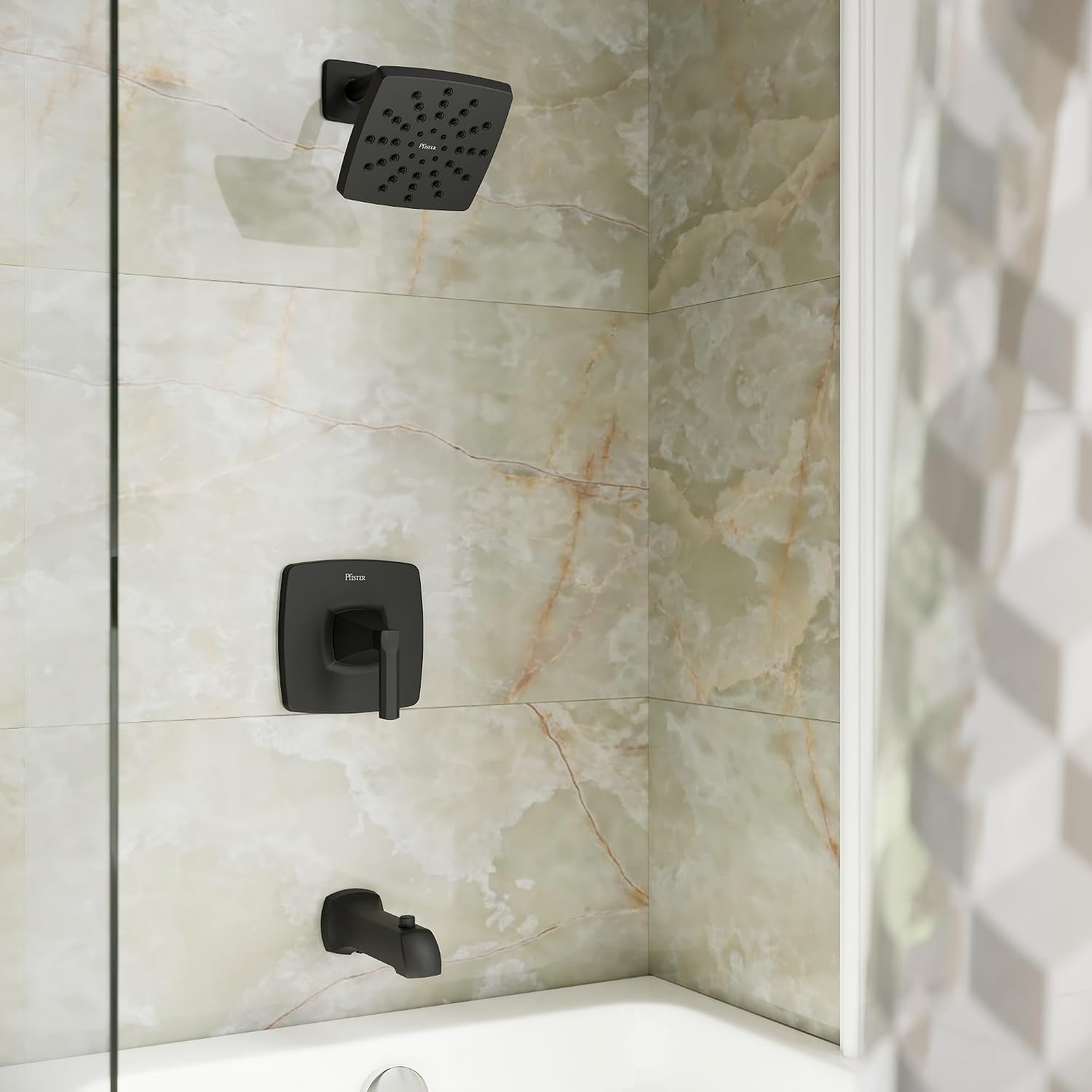 Pfister Vaneri Tub and Shower Trim Kit with Valve and Cartridge Included 1-Handle Rain Shower Head with Tub Spout Matte Black Finish Water-Efficient Model 8P8WS2VRISBB