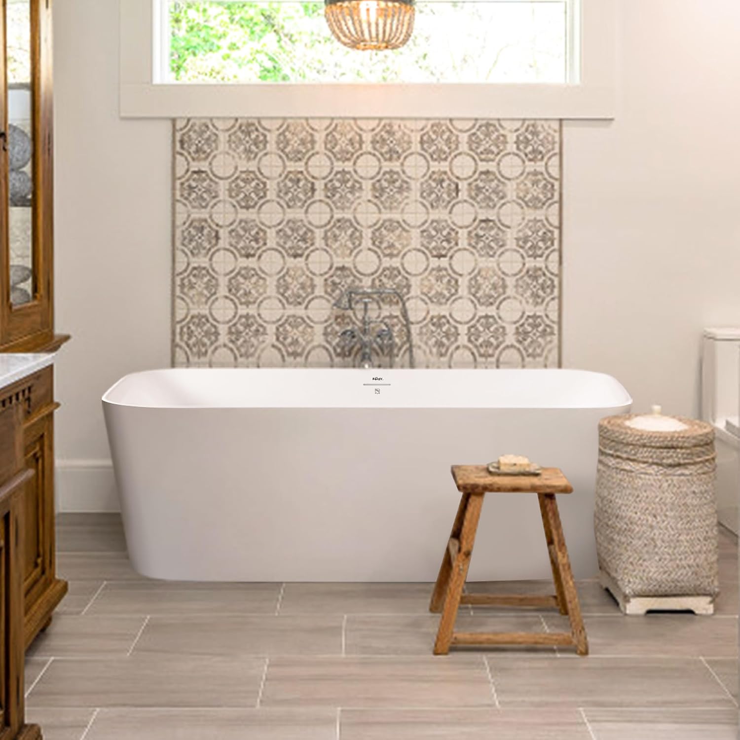 FerdY Maui 67' Acrylic Freestanding Bathtub, Contemporary Elegant Design Soaking Tub, Easy to Instal with Brushed Nickel Drain and Minimalist Linear Design Overflowl