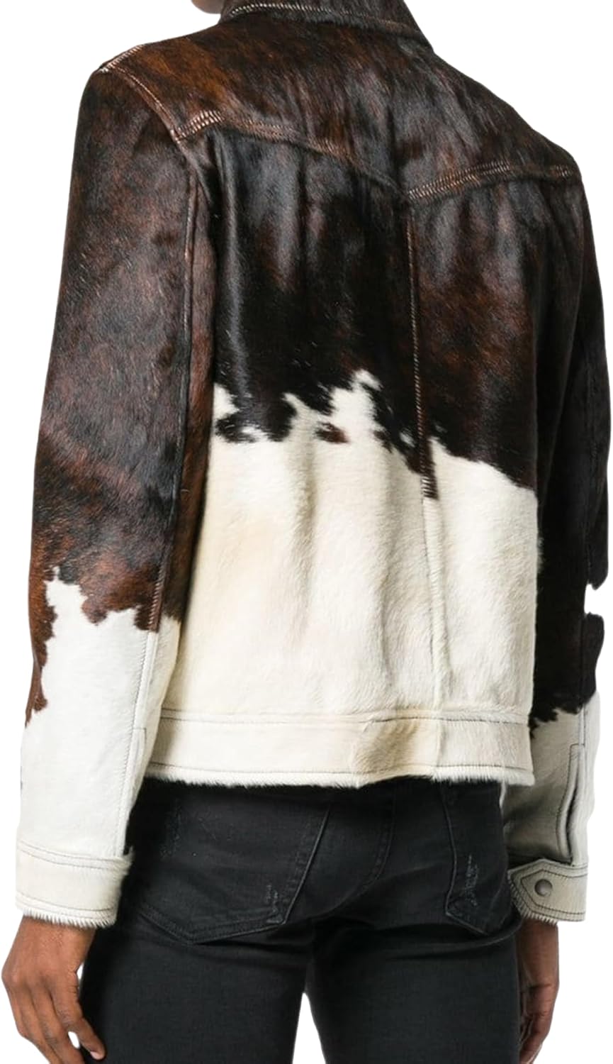 Men's Real Cow Hair on Leather Jacket, Cow Skin Print Pony Skin Coat, Casual