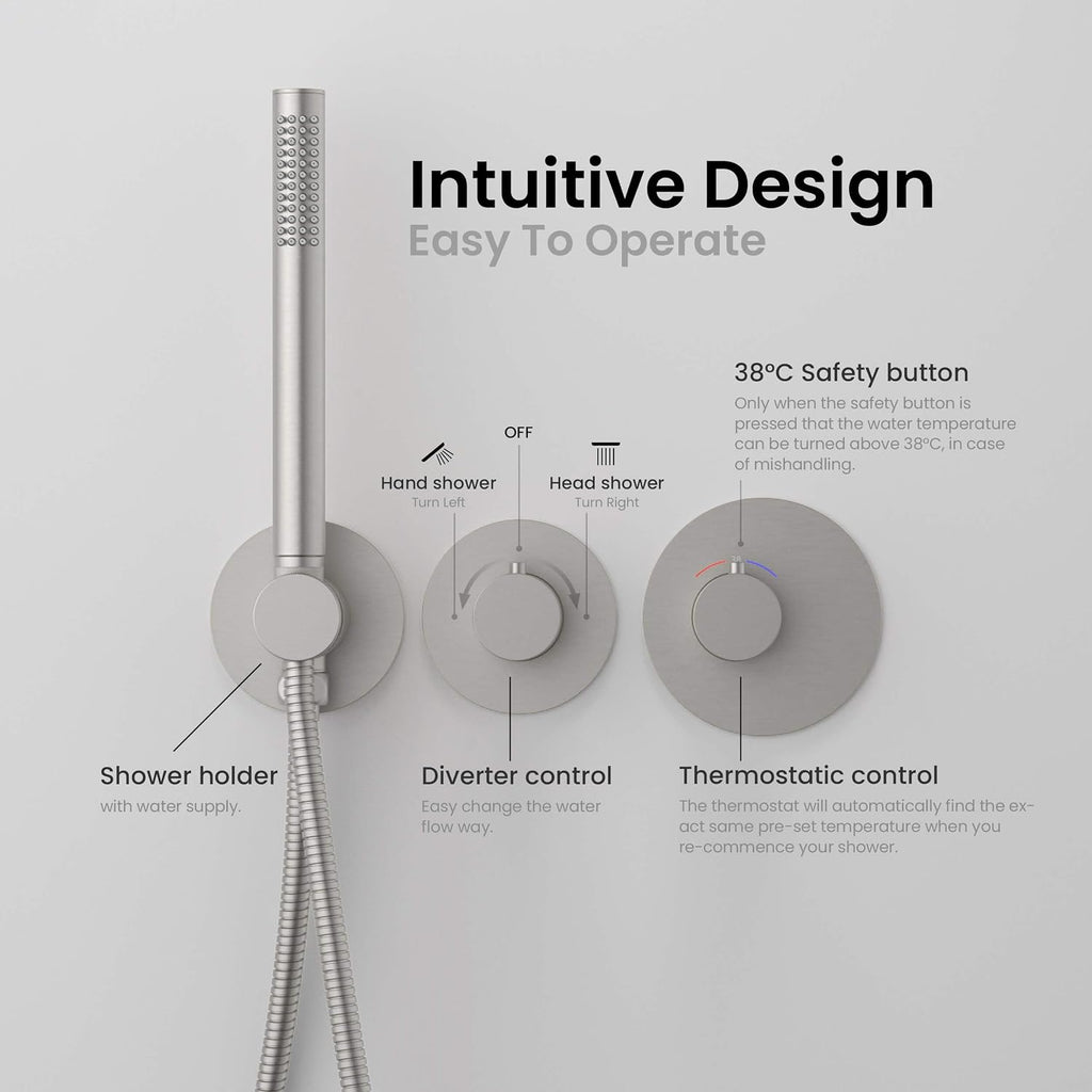 KIBI Circular Brushed Nickel Thermostatic Shower System – Rainfall & Handheld Shower Head Set | 2-Function Shower Faucet Set with Rough-In Valve | Solid Brass Build & Temperature Control (KSF410BN)