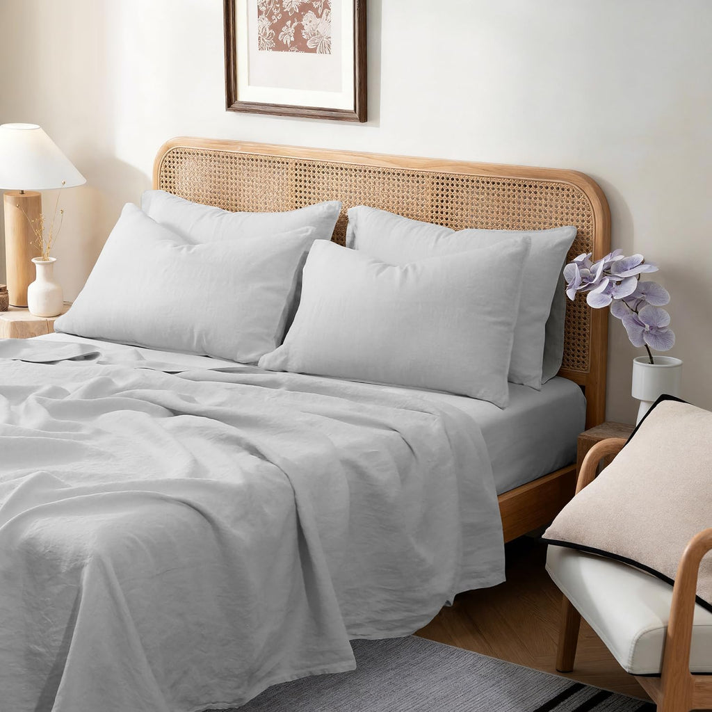 S VICTORY SYMBOL 100% Organic Linen Sheets Set Queen 4Pcs,Natural French Flax Linen Bed Sheets(1 Flat Sheet,1 Fitted Sheet 16inch,2 Pillowcase) GOTS Certified,Fog