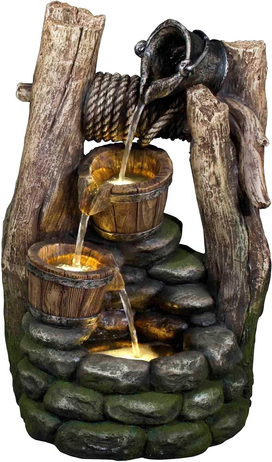 Litedeer Mystic Vintage Buckets Water Fountain with Auto-Pump and Built-in LED Lights 3 Tier Cascading Fountain Indoor Water Fountain Floor Fountain (Model: DGF-161140) 20' Tall Gray