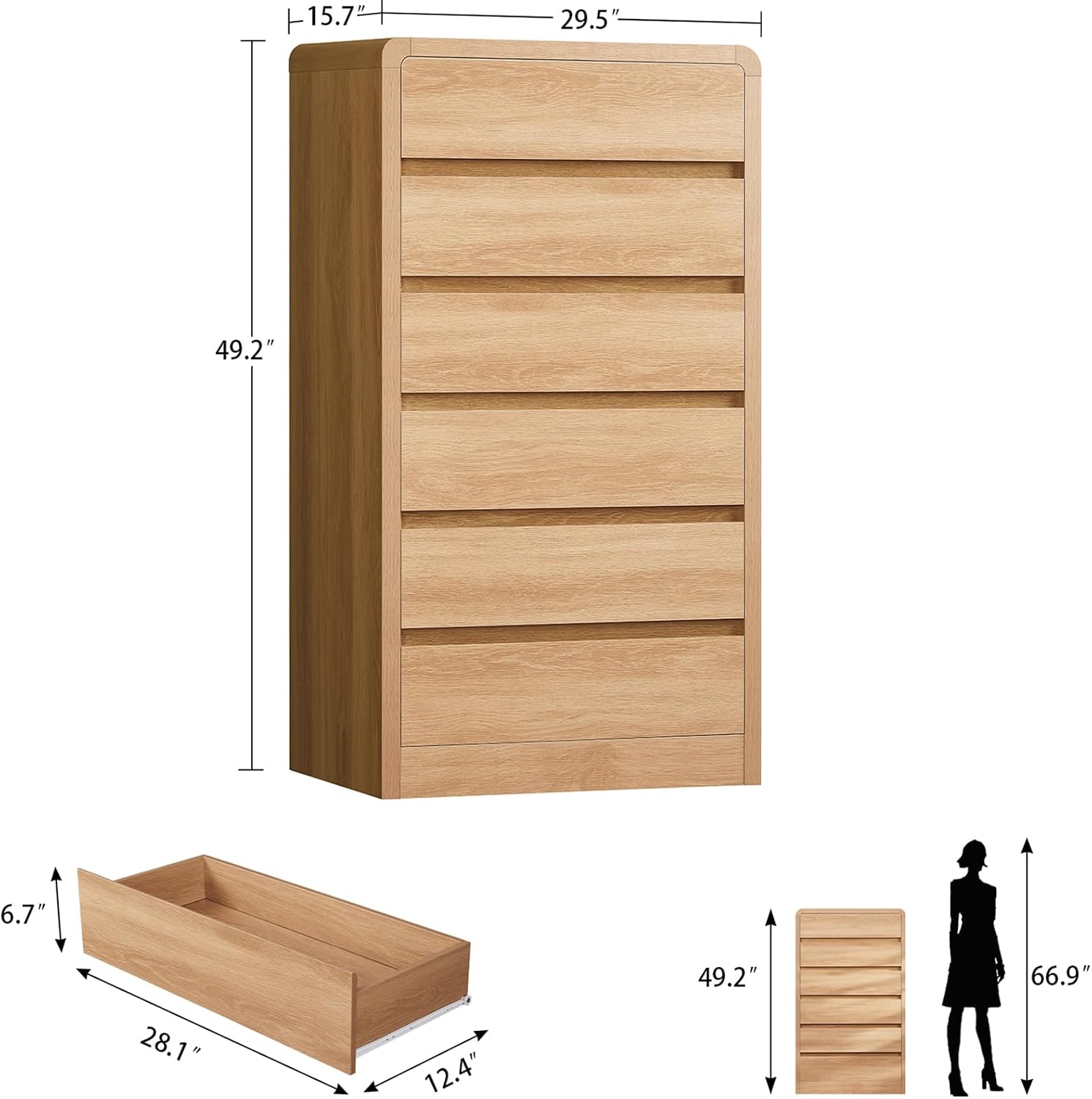 TEENFON Tall Dresser for Bedroom with 6 Drawers, 49.2' Tall Dressers & Chest of Drawers with Curved Profile Design, Wood Closet Storage Dressers Organizer for Bedroom, Living Room, Natural