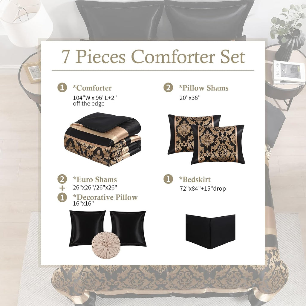 Finlonte Black Gold Comforter Set California King - Luxury Jacquard Floral 7-Piece Silky Bed in a Bag, Vintage Patchwork All Season Down Alternative Bedding Set with Matching Pillows, Shams, Bed Skirt