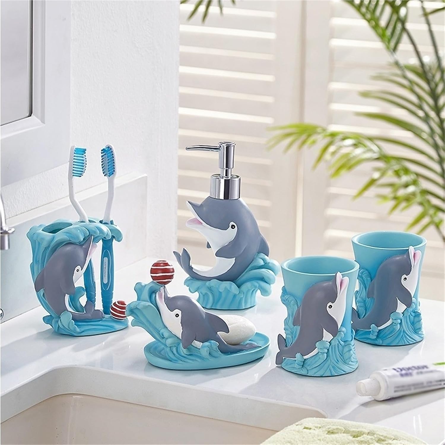 Bathroom Accessories Set, 5-Piece Blue Dolphin Soap Dispenser, Toothbrush Holder, Soap Dish, 2 Tumblers Bath Set