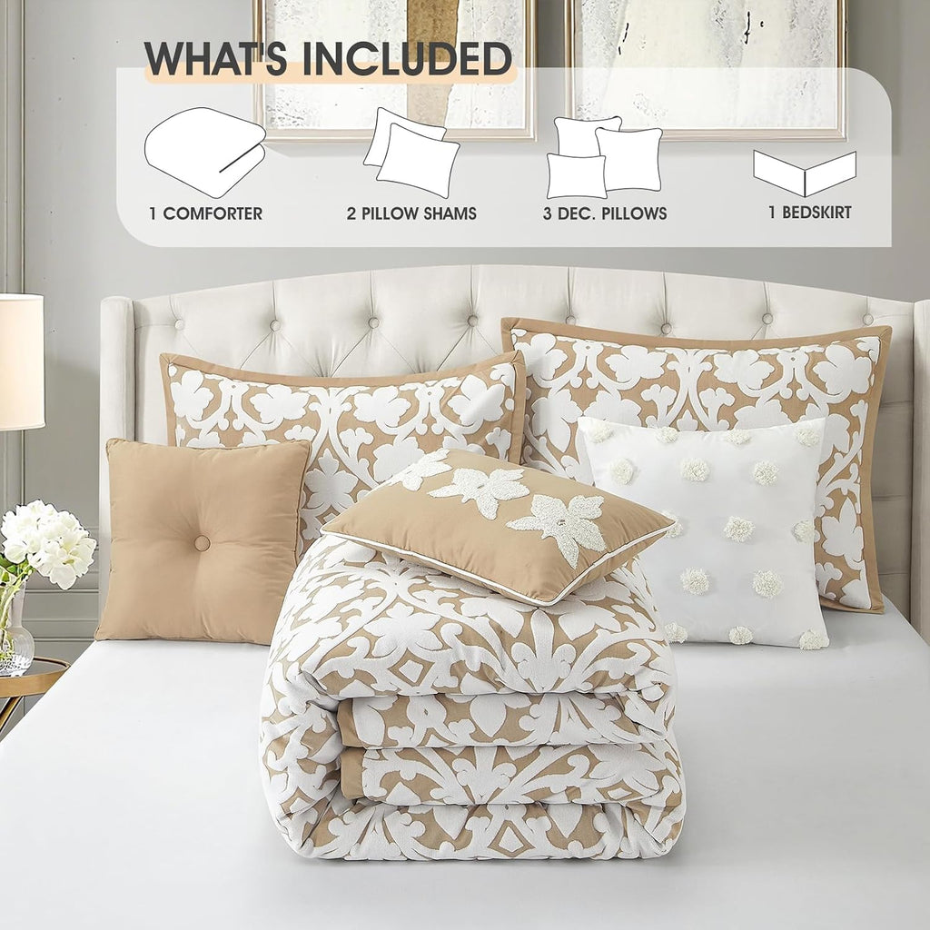 LANCO MODERN LIFESTYLE 7 Pieces Comforter Set, Queen, Khaki, Jacquard Floral Pattern and Classy Damask Medallion Design, Ultra Soft, Includes Bed Skirt, Shams, and Decorative Pillows