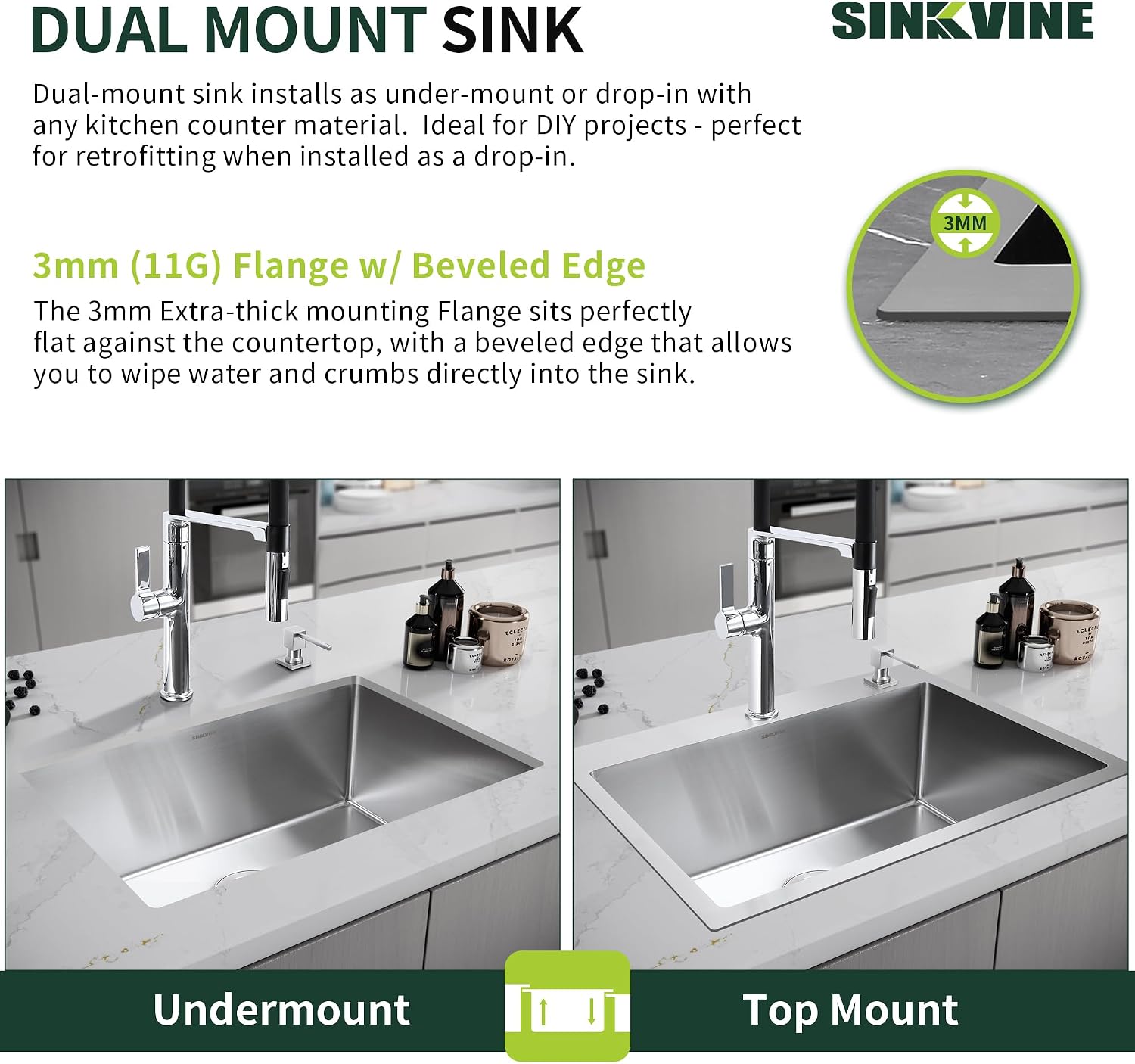 25-Inch Drop-In Kitchen Sink, SINKVINE 25' x 22' Stainless Steel Indoor and Outdoor Sink, Top Mount Large Deep Single Bowl Sink for Laundry Room, with Drain Strainer, Bottom Grid, Roll-up Drying Unit