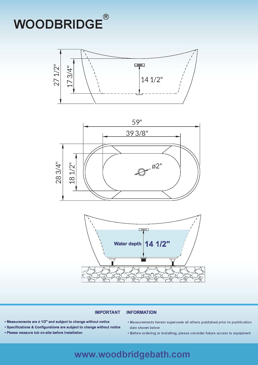 WOODBRIDGE 59' Acrylic Freestanding Bathtub Contemporary Soaking White Tub with Matte Black Overflow and Drain,B0016-MB