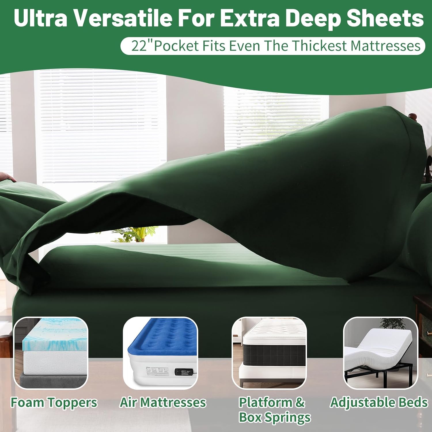 Extra Deep Pocket California King Sheets 18-24 Inch 100% Egyptian Cotton 1000 Thread Count Sateen Weave Soft Breathable 4 Pieces（California King,Forest Green）