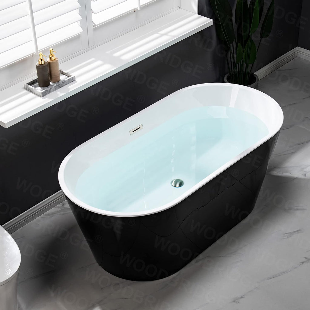 WOODBRIDGE 59' Acrylic Freestanding Bathtub Contemporary Soaking Black Tub with Brushed Nickel Overflow and Drain，B1814-BN
