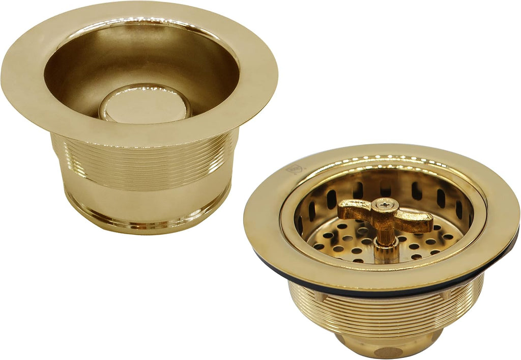 Westbrass CO2175-01 Combo Pack 3-1/2' Wing Nut Twist Style Large Kitchen Sink Basket Strainer and Waste Disposal Drain Flange with Stopper, Polished Brass