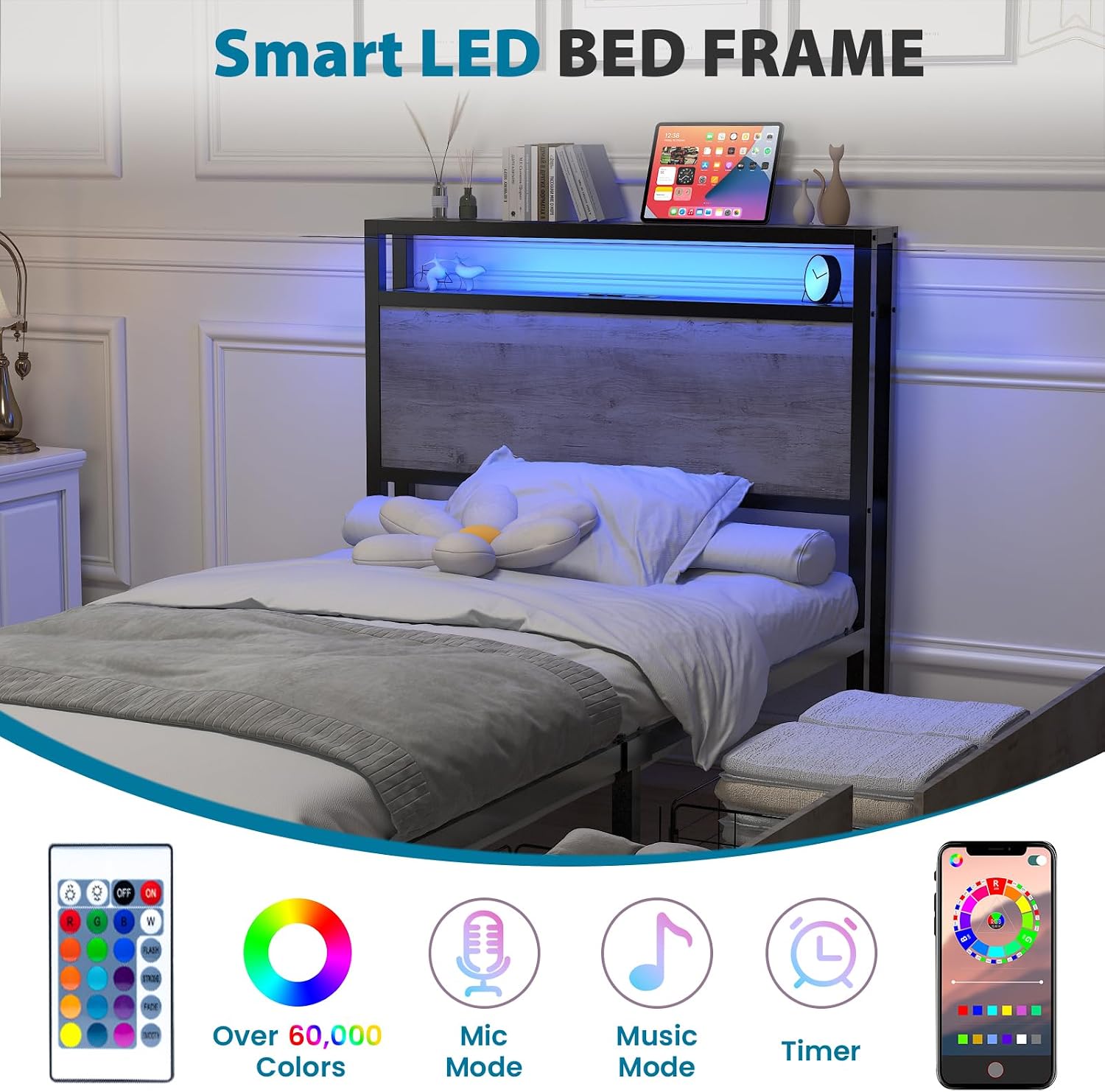 Kiivakii Twin Size Bed Frame with 4 Drawers, LED Platform Bed with Storage Headboard, Built in Charging Station, Noise-Free, Metal Support Base, No Box Spring Needed, Gray
