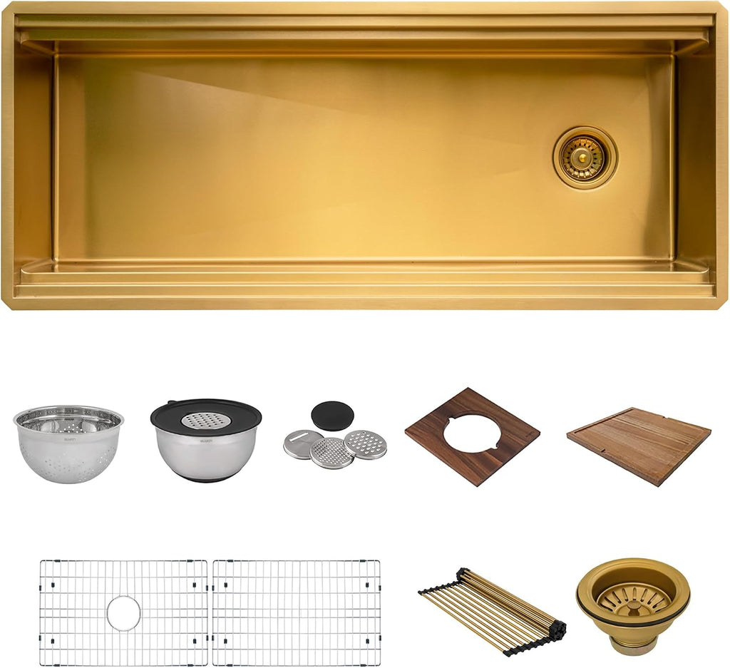 Ruvati 45-inch Polished Brass Matte Gold Stainless Steel Workstation Two-Tiered Ledge Undermount Kitchen Sink - RVH6333GG