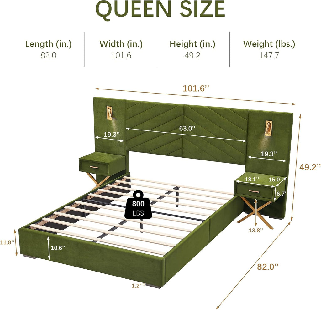 Luxurious Queen Platform Bed Frame, Velvet Upholstered Headboard with 2 Built-in Wall Sconces & Nightstands, Sturdy Metal & Solid Wood Frame, Squeak-Free, No Box Spring Needed, Olive Green