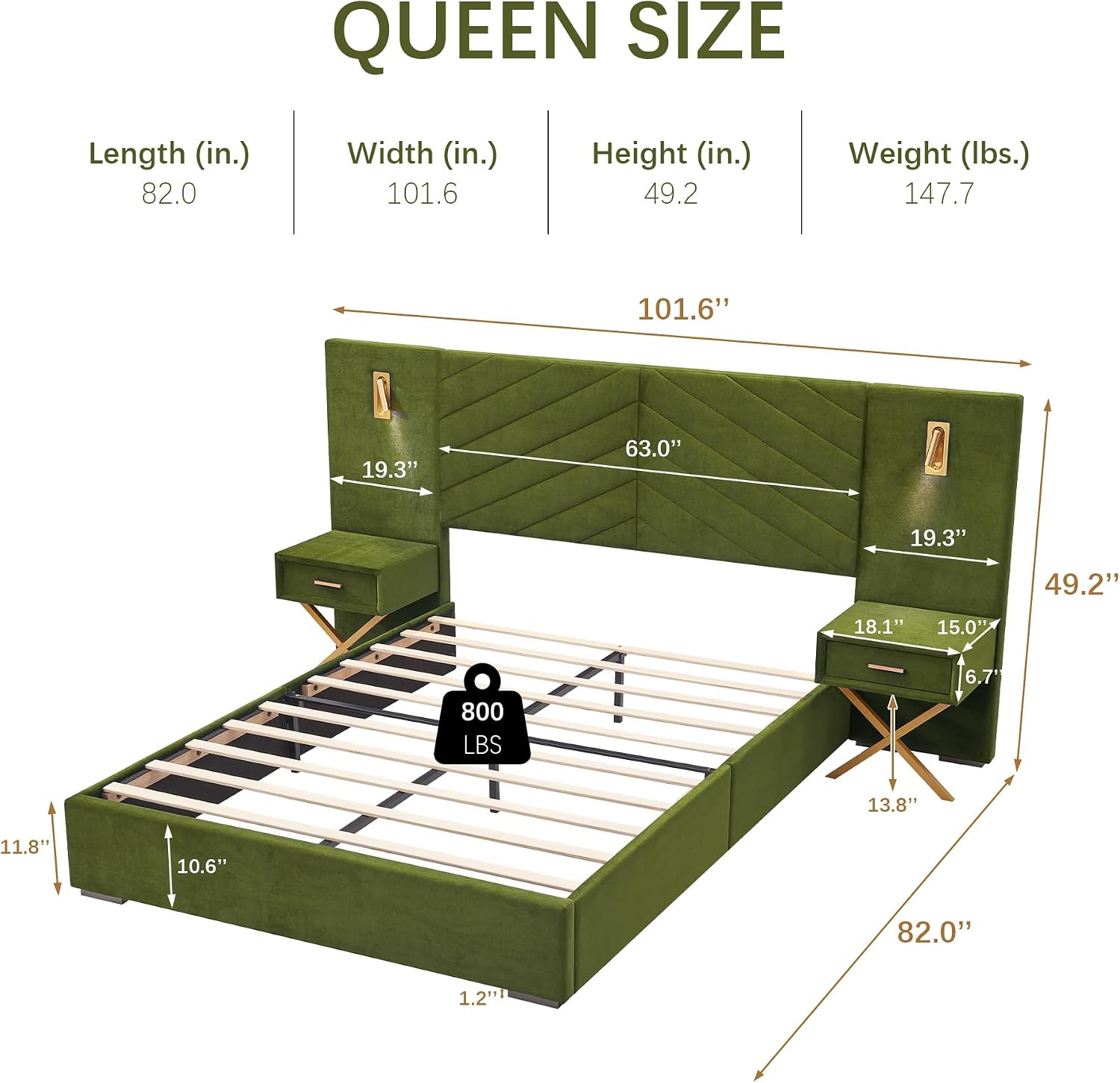 Luxurious Queen Platform Bed Frame, Velvet Upholstered Headboard with 2 Built-in Wall Sconces & Nightstands, Sturdy Metal & Solid Wood Frame, Squeak-Free, No Box Spring Needed, Olive Green