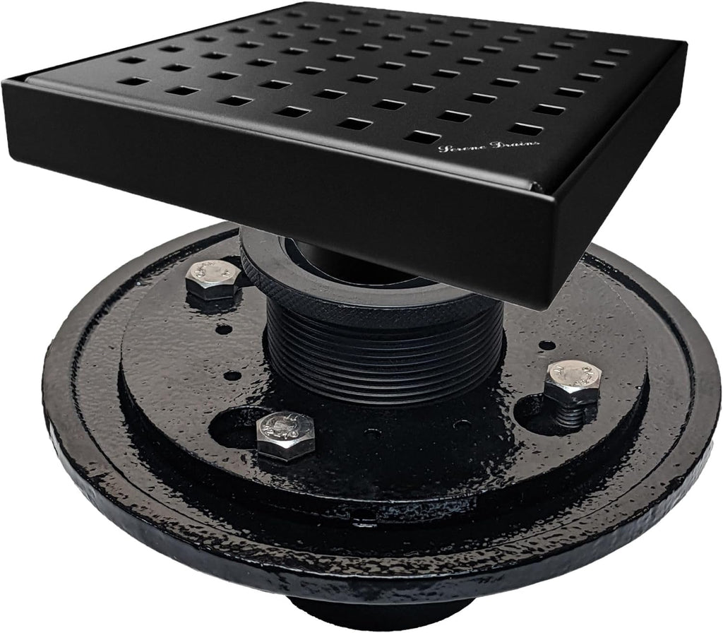 SereneDrains 304 Stainless Steel 6 Inch Square Matte Black Shower Drain Kit with Base Square Design for Tile Floor Drain Grate Cover Hair Catcher Trap Strainer Filter (Matte Black, Cast Iron)
