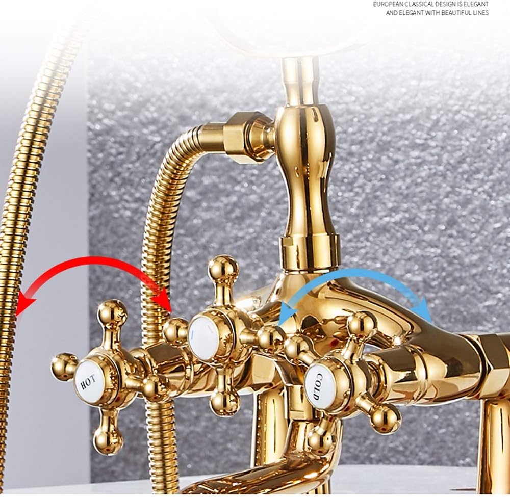 Electroplating Gold Bath Shower Set Bathtub Side Simple Shower Deck Installation Double Handle 2 Functions Hand Shower Thick Brass Mixing Valve Hot and Cold Water s Rotating Faucet Full Moon