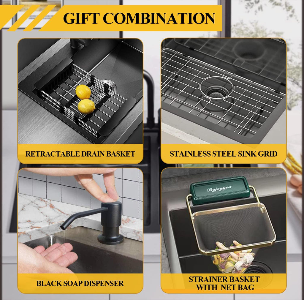 Black 22x18 Inch Kitchen And Bar Sink-Stainless Steel Drop In Single Bowl Topmount Kitchen&Bar Sink Combo-Sink Grid,Soap Dispenser,Drain Basket,Strainer Mesh,Drain Strainer Set for Modern Kitchen Sink