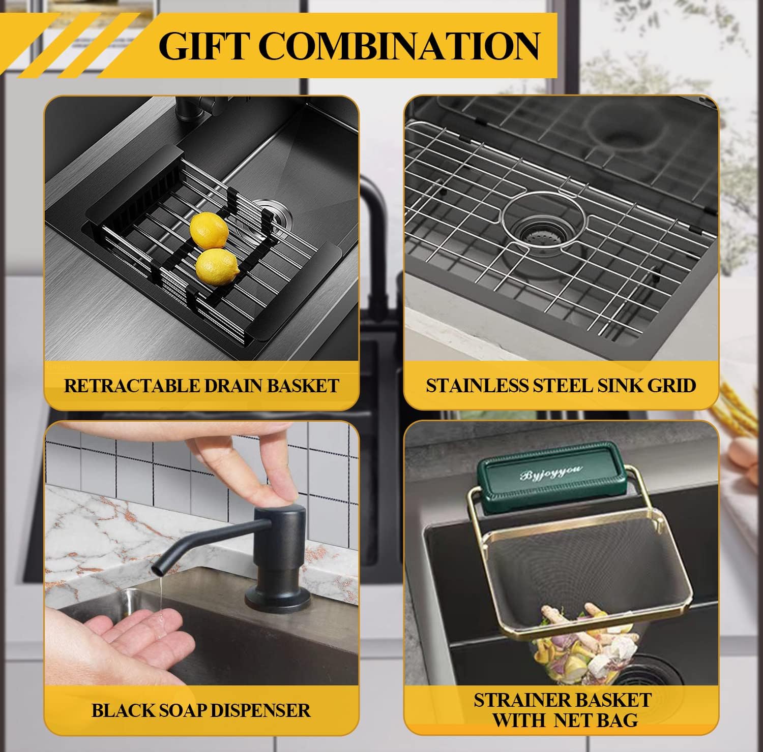 Black 22x18 Inch Kitchen And Bar Sink-Stainless Steel Drop In Single Bowl Topmount Kitchen&Bar Sink Combo-Sink Grid,Soap Dispenser,Drain Basket,Strainer Mesh,Drain Strainer Set for Modern Kitchen Sink