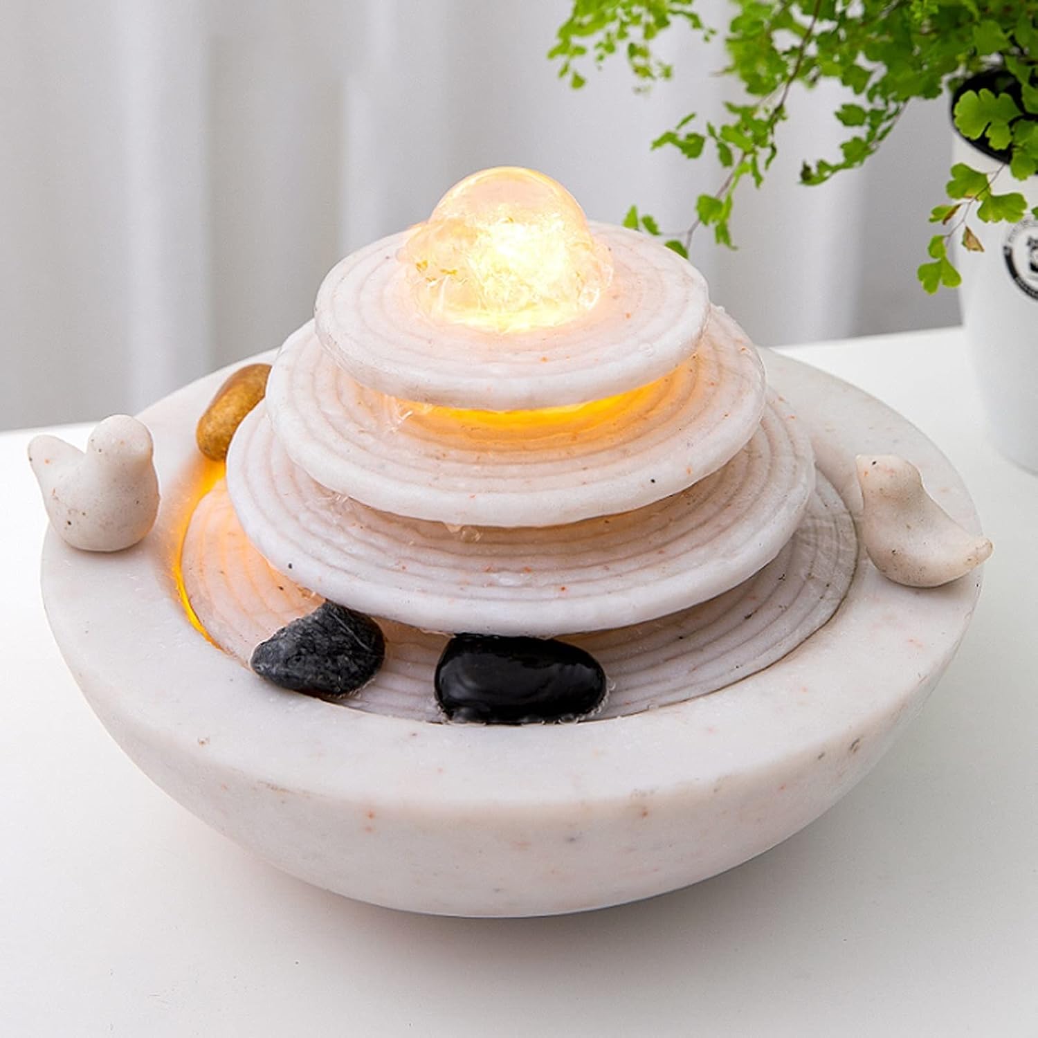 HIHELO Desktop Fountain Indoor Tabletop Fountain Waterfall Home Decor Relaxation Fountain 3 Tier Disc and Round Basin with LED Light Roller Ball Water Fountain Outdoor (Color : C)