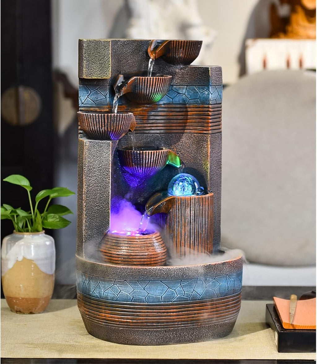 HIHELO Desktop Fountain Indoor Tabletop Fountain Decoration Tiered Bowl Waterfall Design Quiet and Soothing Water Sound for Home Office Water Fountain Outdoor