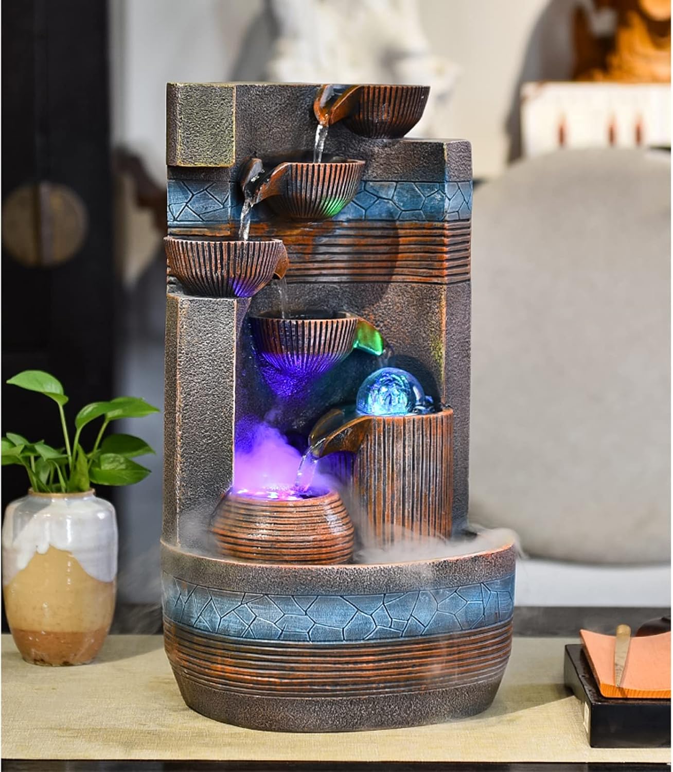 HIHELO Desktop Fountain Indoor Tabletop Fountain Decoration Tiered Bowl Waterfall Design Quiet and Soothing Water Sound for Home Office Water Fountain Outdoor