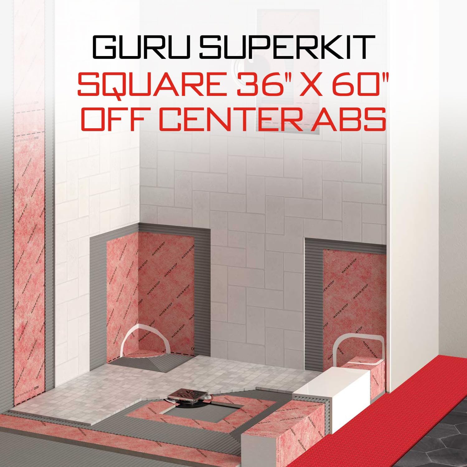 GURU USA SuperKit Square Complete Shower Kit with Heavy Duty Tray, Evo Lite Stainless Steel Drain, & Waterproof Membrane Roll, Bathroom Accessories, 36' x 60', Off-Center Drain, ABS Connector