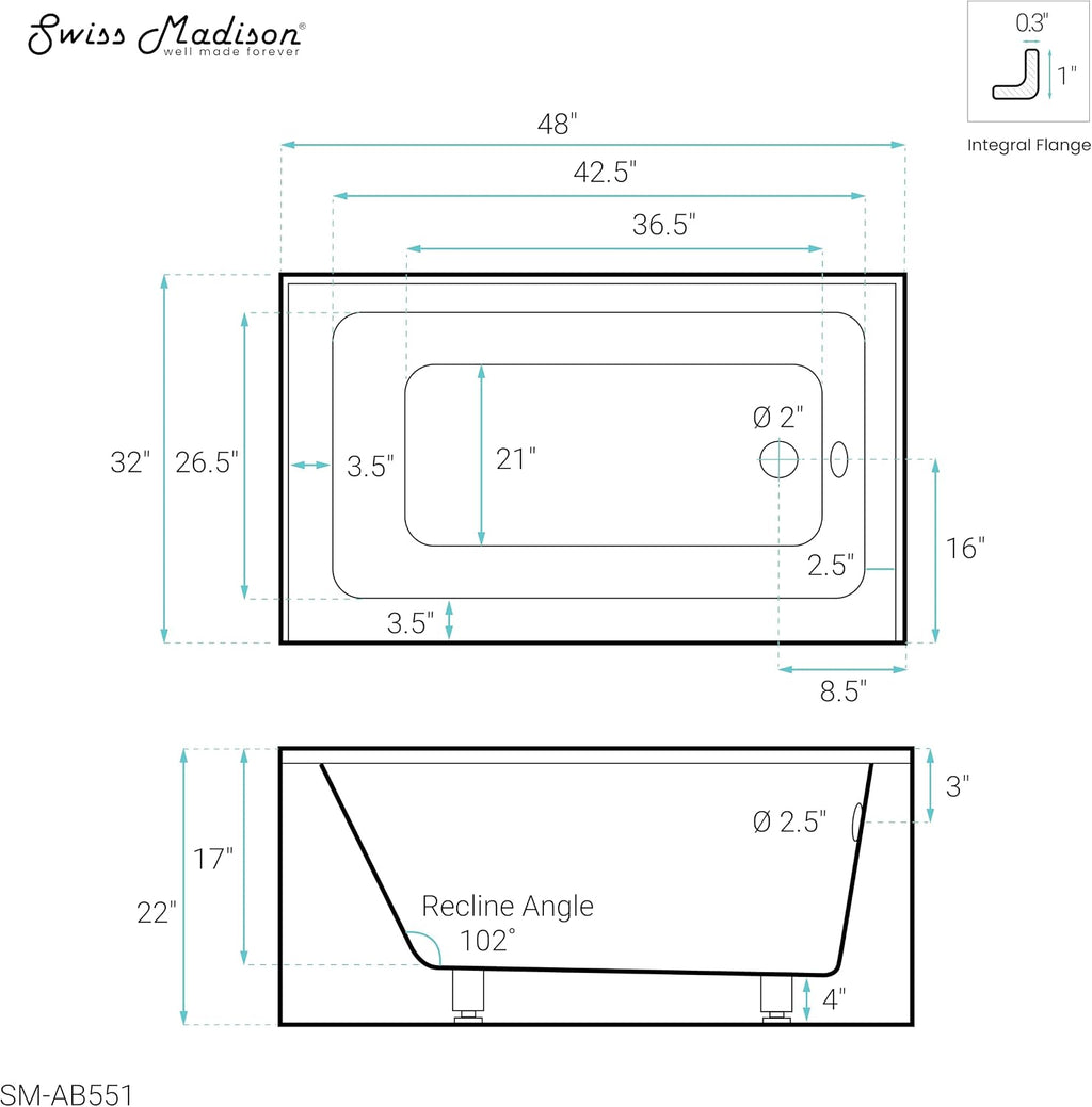 Voltaire 48' x 32' Right-Hand Drain Alcove Bathtub with Apron