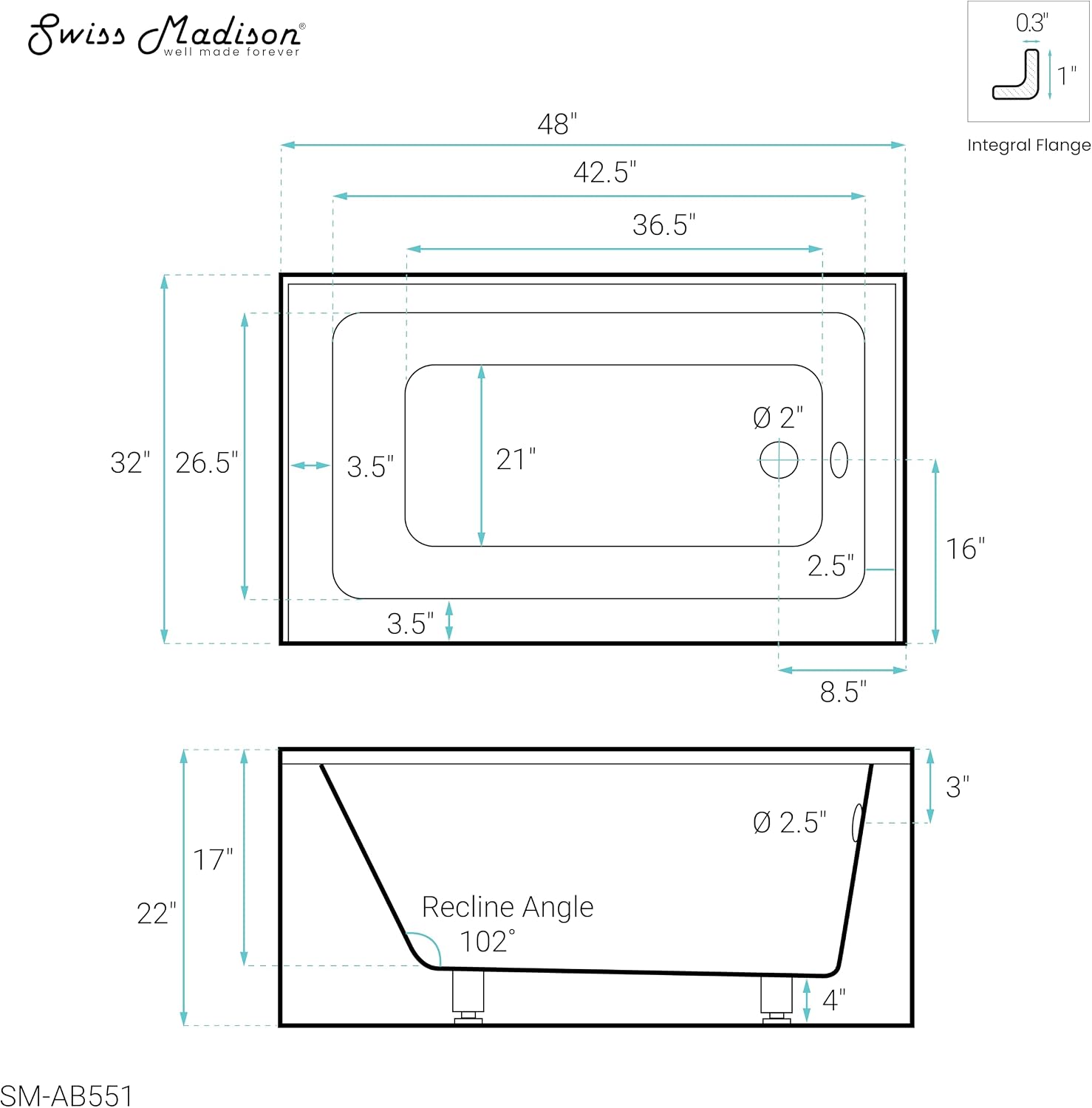 Voltaire 48' x 32' Right-Hand Drain Alcove Bathtub with Apron