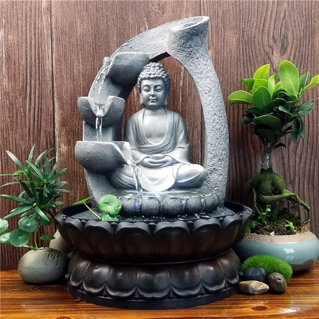 Creative Tabletop Fountain with LED Lights - Buddha Statue Waterfall Decor, Resin Indoor Water Feature, Feng Shui Ornaments for Home Decoration & Relaxation