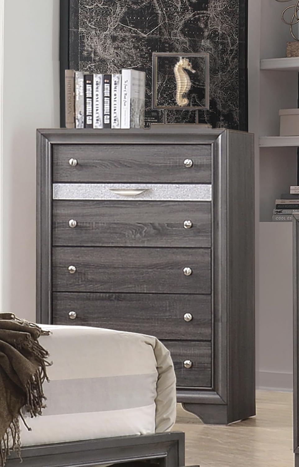 Contemporary 6pc Gray Queen Size Storage Footboard Bed Wooden Bedroom Furniture Set