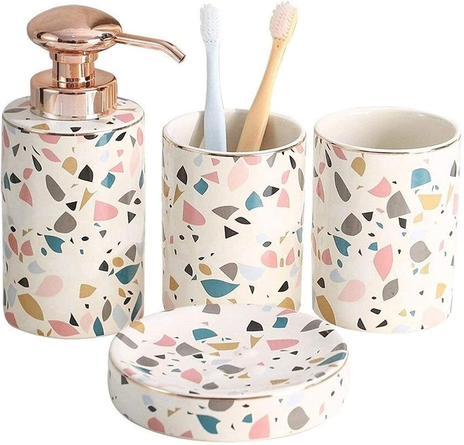 Soap Dispenser Refillable Hand Lotion Dispensers, Soap Dispenser 4 Piece Ceramic Bathroom Accessories Set Marble Rainbow Texture Complete Bath Decor Kit Includes