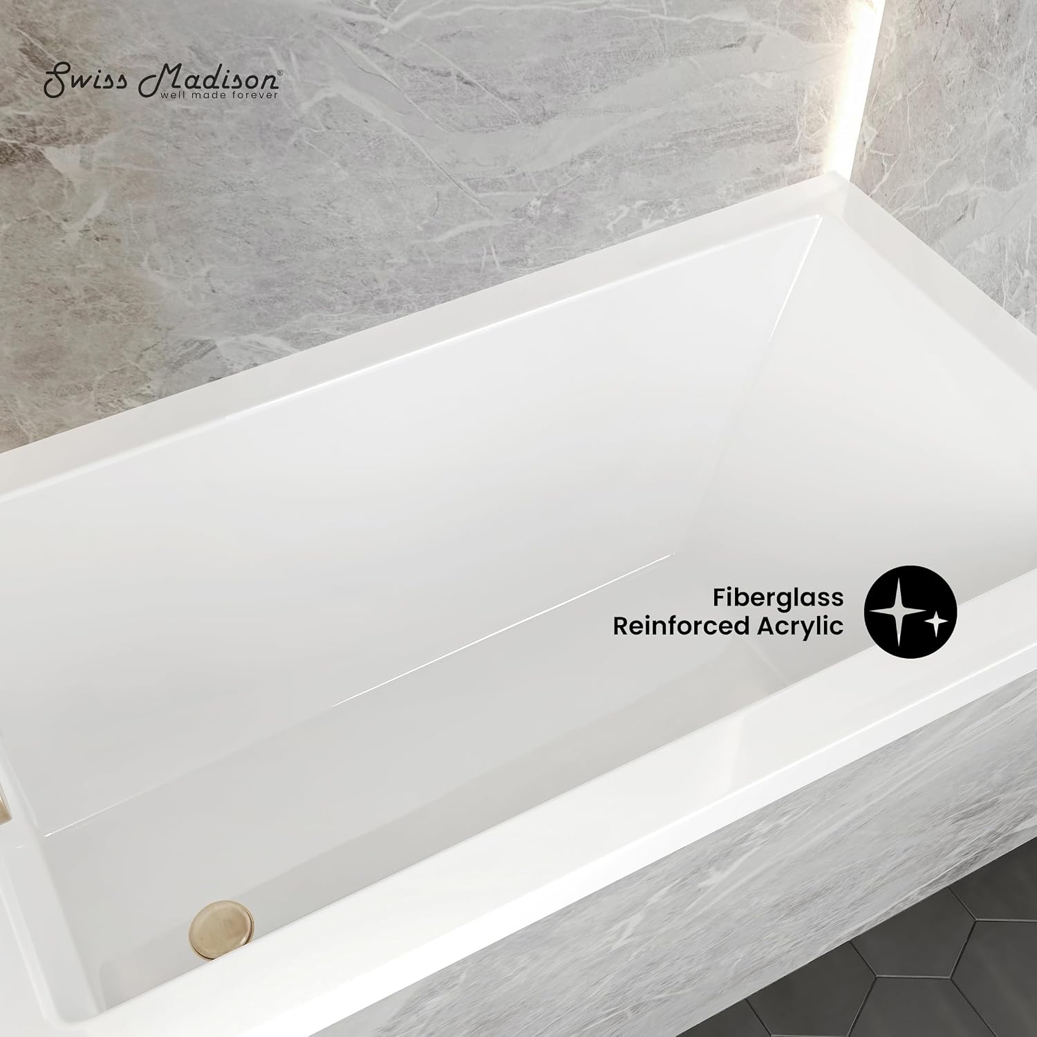 Swiss Madison Voltaire 54' x 30' Acrylic Glossy White, Alcove, Integral Left-Hand Drain, Bathtub
