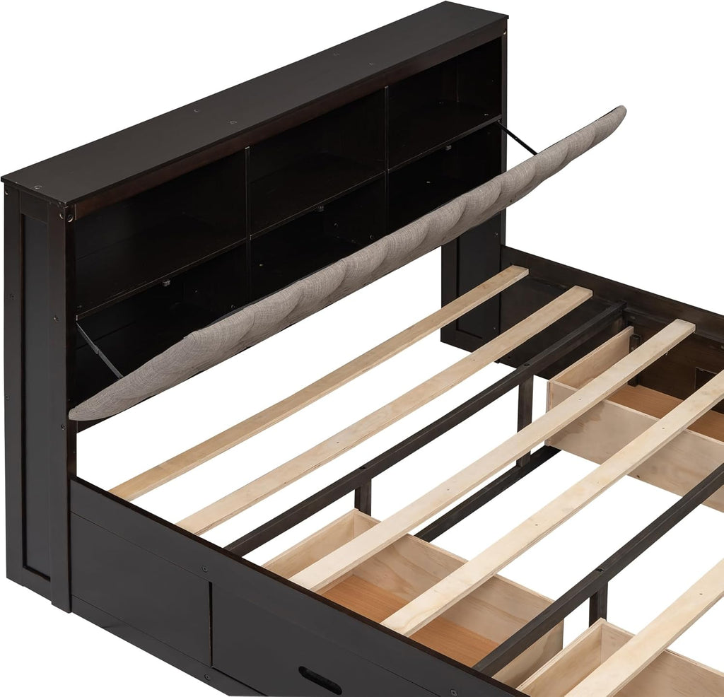 Modern Queen Size Platform Bed with Upholstered Storage Headboard, Wood Platform Bed Frame with Shoe Rack and 4 Drawers, Sturdy Slat Support, Maximize Space (Espresso-21)