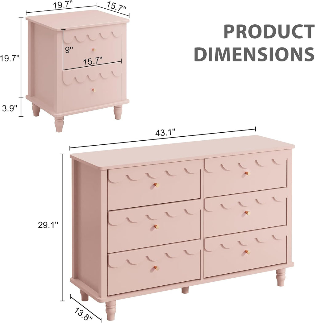 Anbuy Bedroom Sets Scalloped 6 Drawer Dresser and Night Stand Sets for Bedroom, Two Drawers Nightstand & 6 Drawer Dresser Combo 2 Pieces (Pink)
