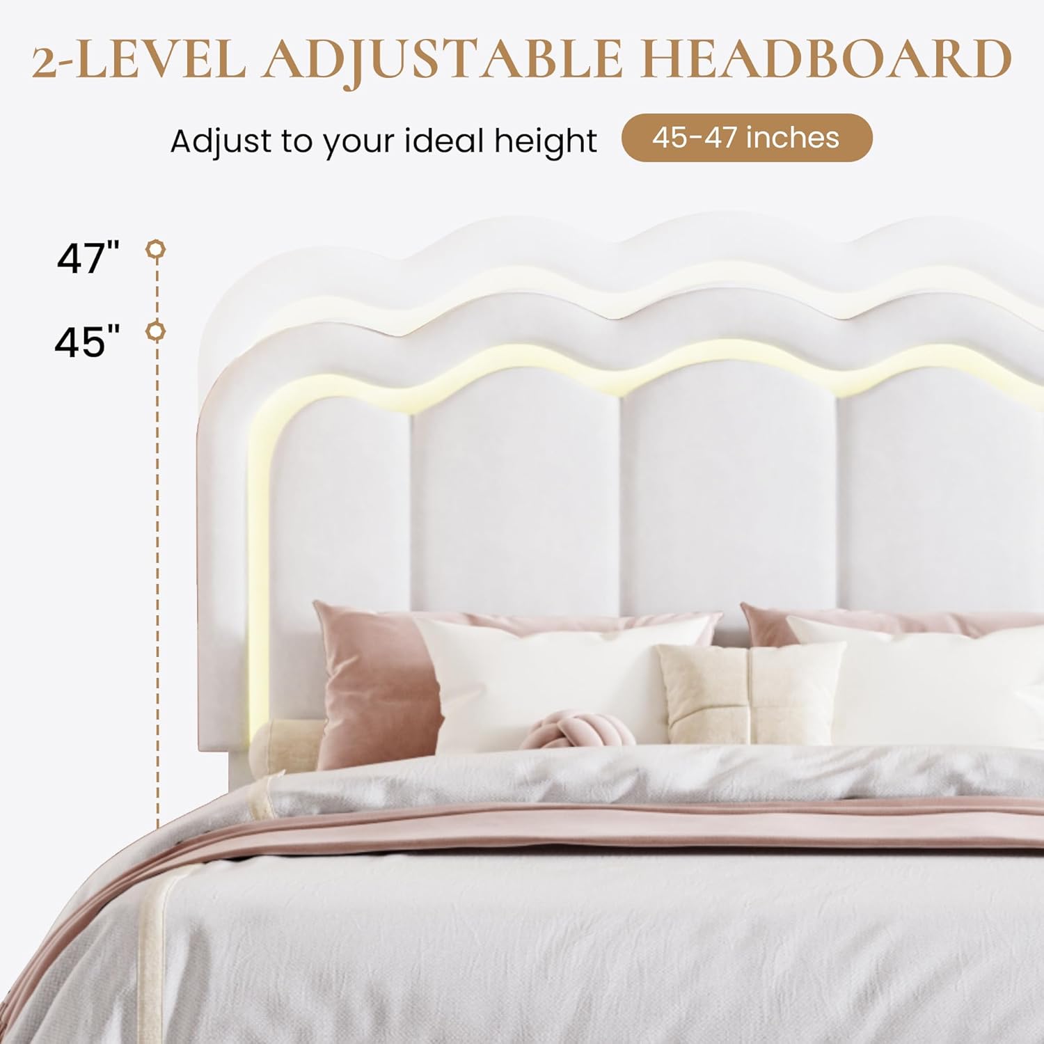 SHA CERLIN Upholstered Queen Size Bed Frame with LED Lights and Large Storage Drawer, Velvet Platform Bed with Adjustable Wavy Headboard, Noise Free, Easy Assembly, No Box Spring Needed, Soft White